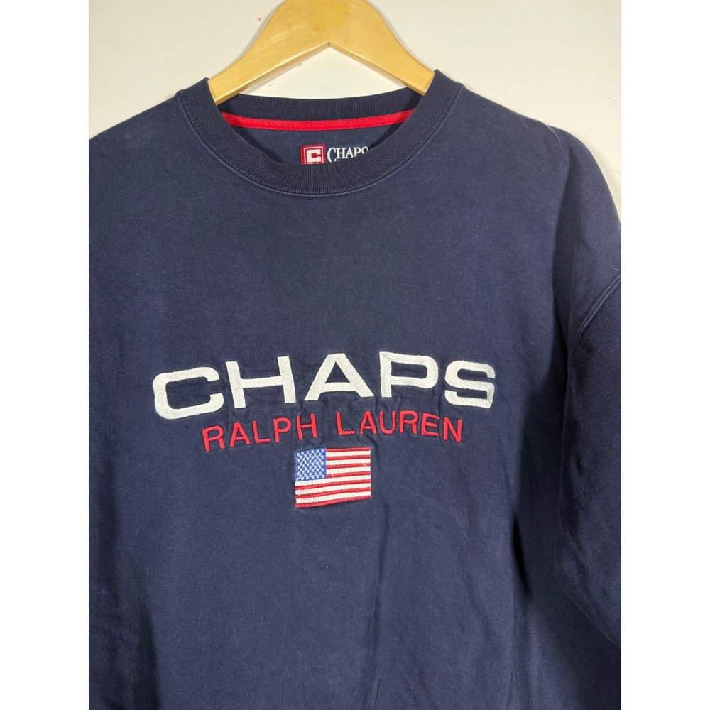 Chaps Ralph Lauren Sweatshirt Mens Large Navy Blue Embroidered Flag Logo Vintage